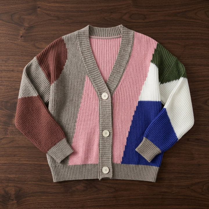 Women's Knit Colorblock Cardigan V-Neck Patchwork Sweater