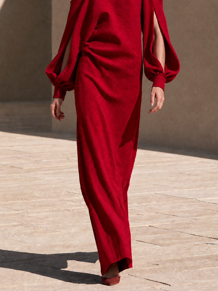 Women's Linen One Shoulder Long Sleeve Evening Maxi Dress
