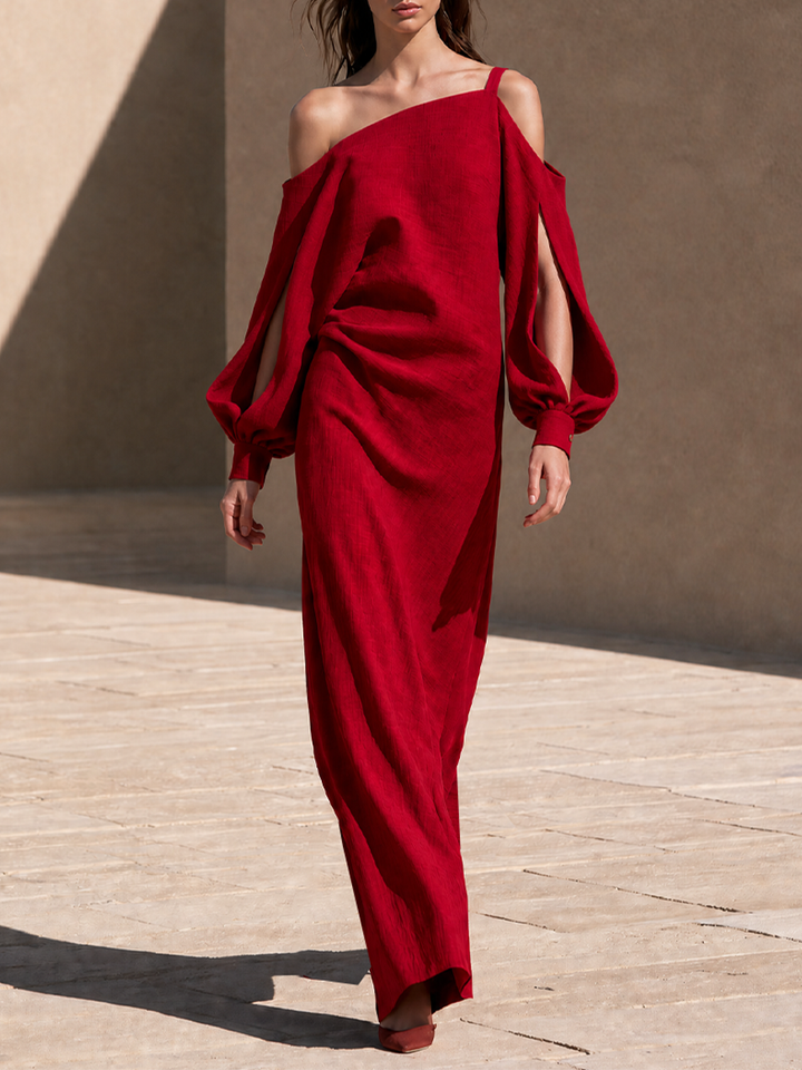 Women's Linen One Shoulder Long Sleeve Evening Maxi Dress