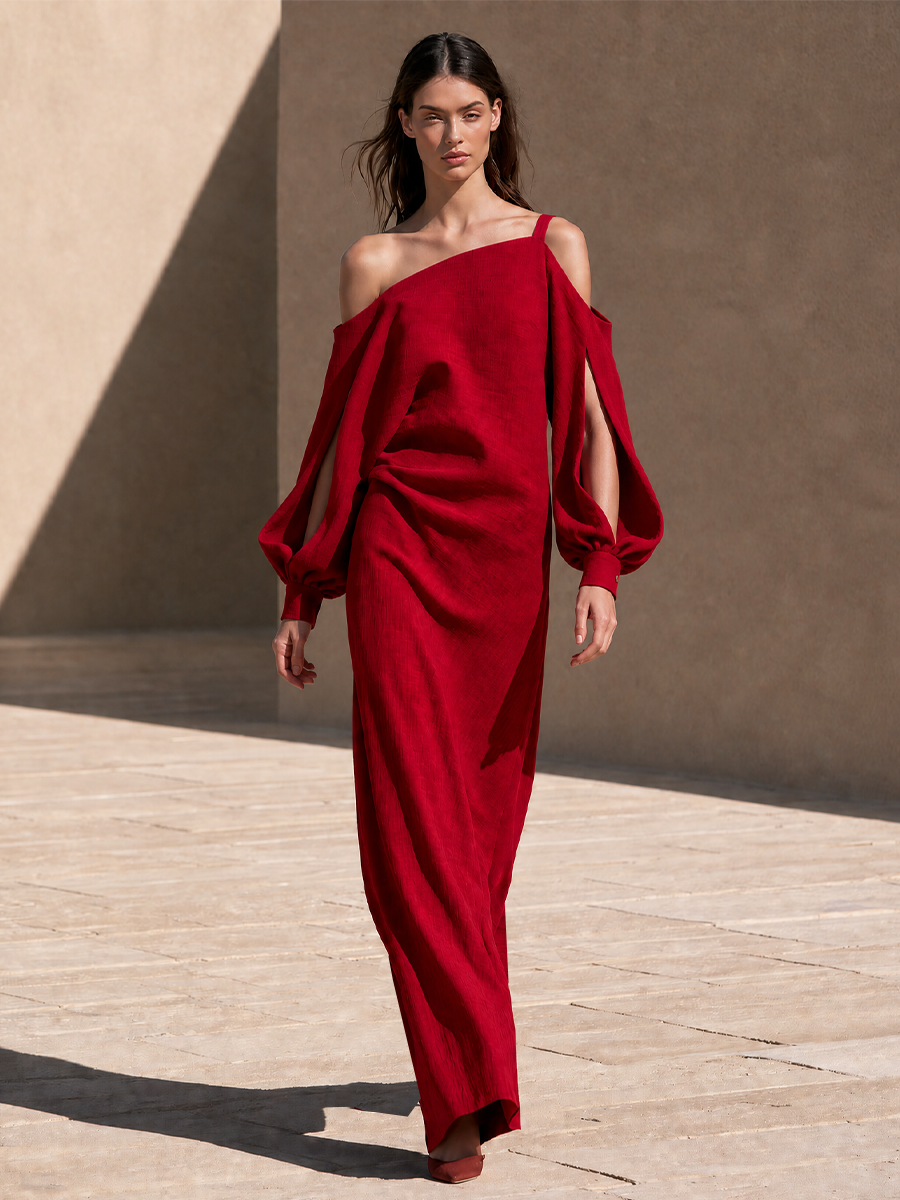 Women's Linen One Shoulder Long Sleeve Evening Maxi Dress