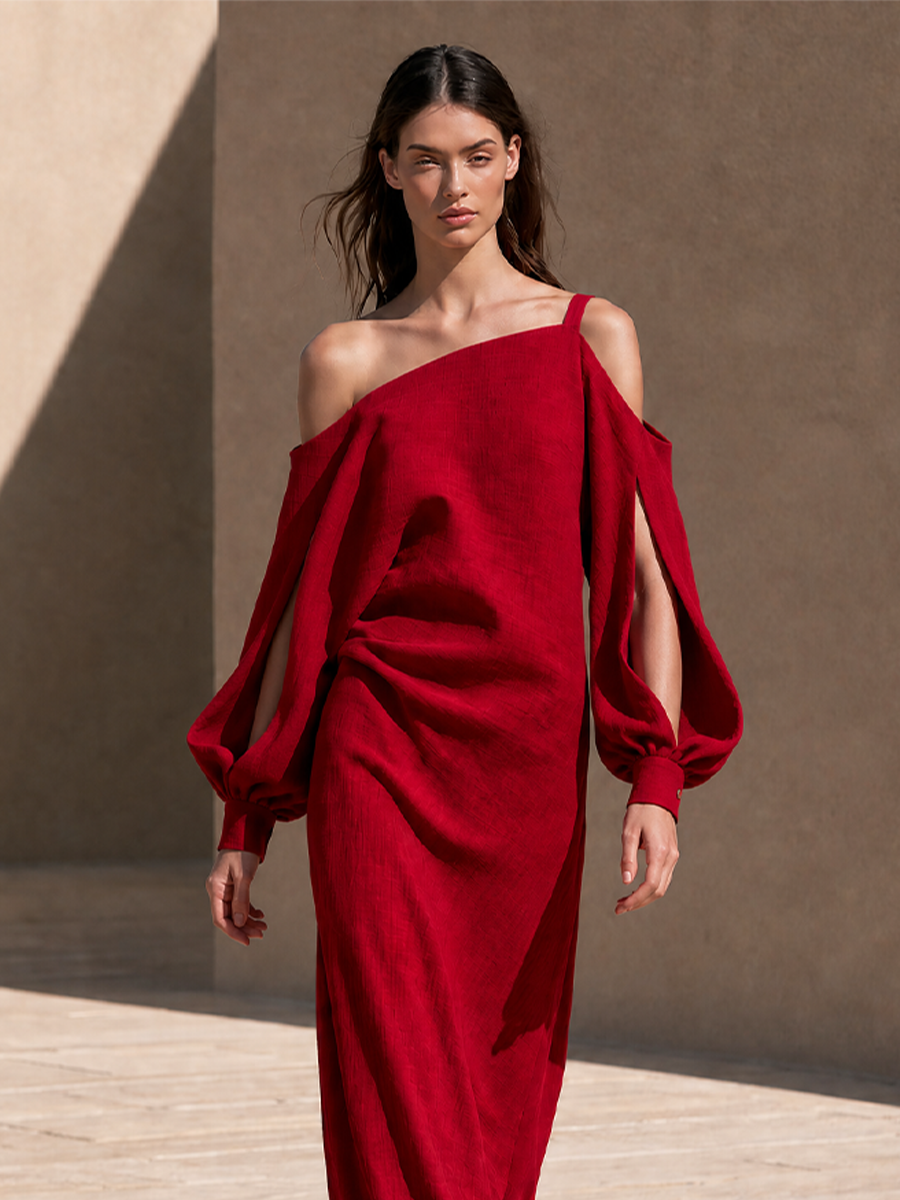 Women's Linen One Shoulder Long Sleeve Evening Maxi Dress