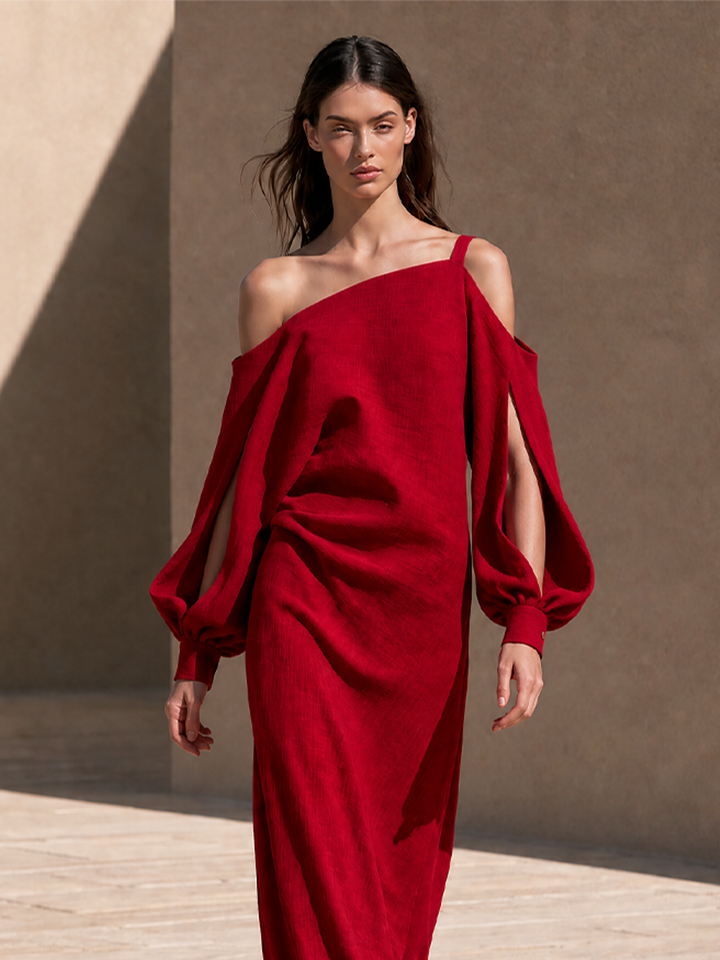 Women's Linen One Shoulder Long Sleeve Evening Maxi Dress