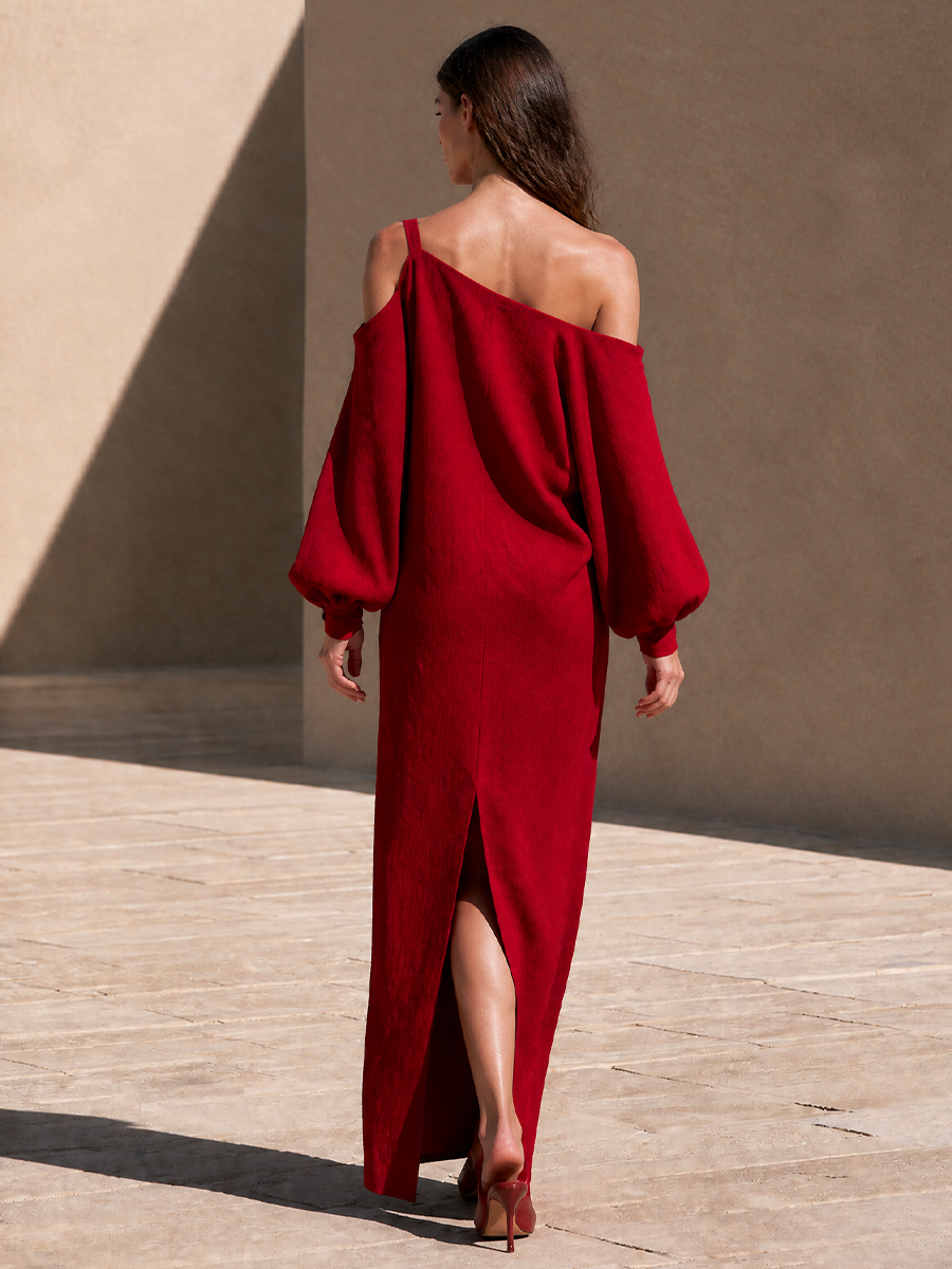 Women's Linen One Shoulder Long Sleeve Evening Maxi Dress
