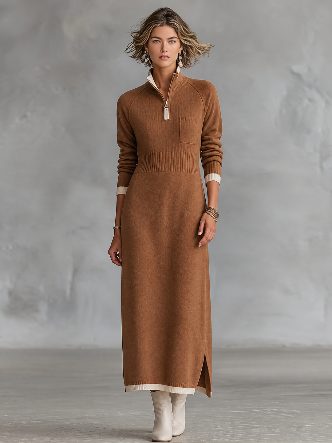 Women's Knit Quarter Zip Maxi Dress