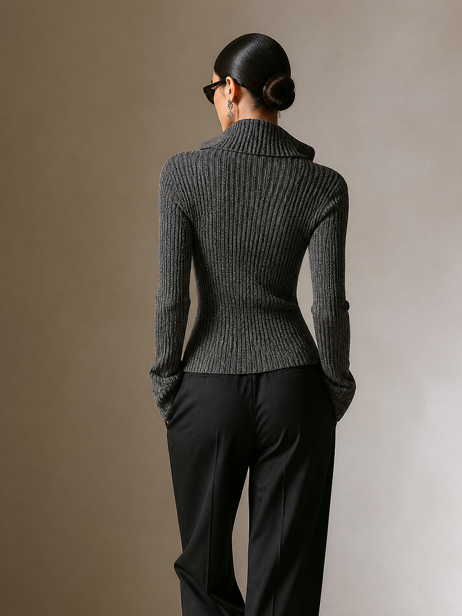 Women's Ribbed Knit Square Neck Zip Up Sweater Cardigan
