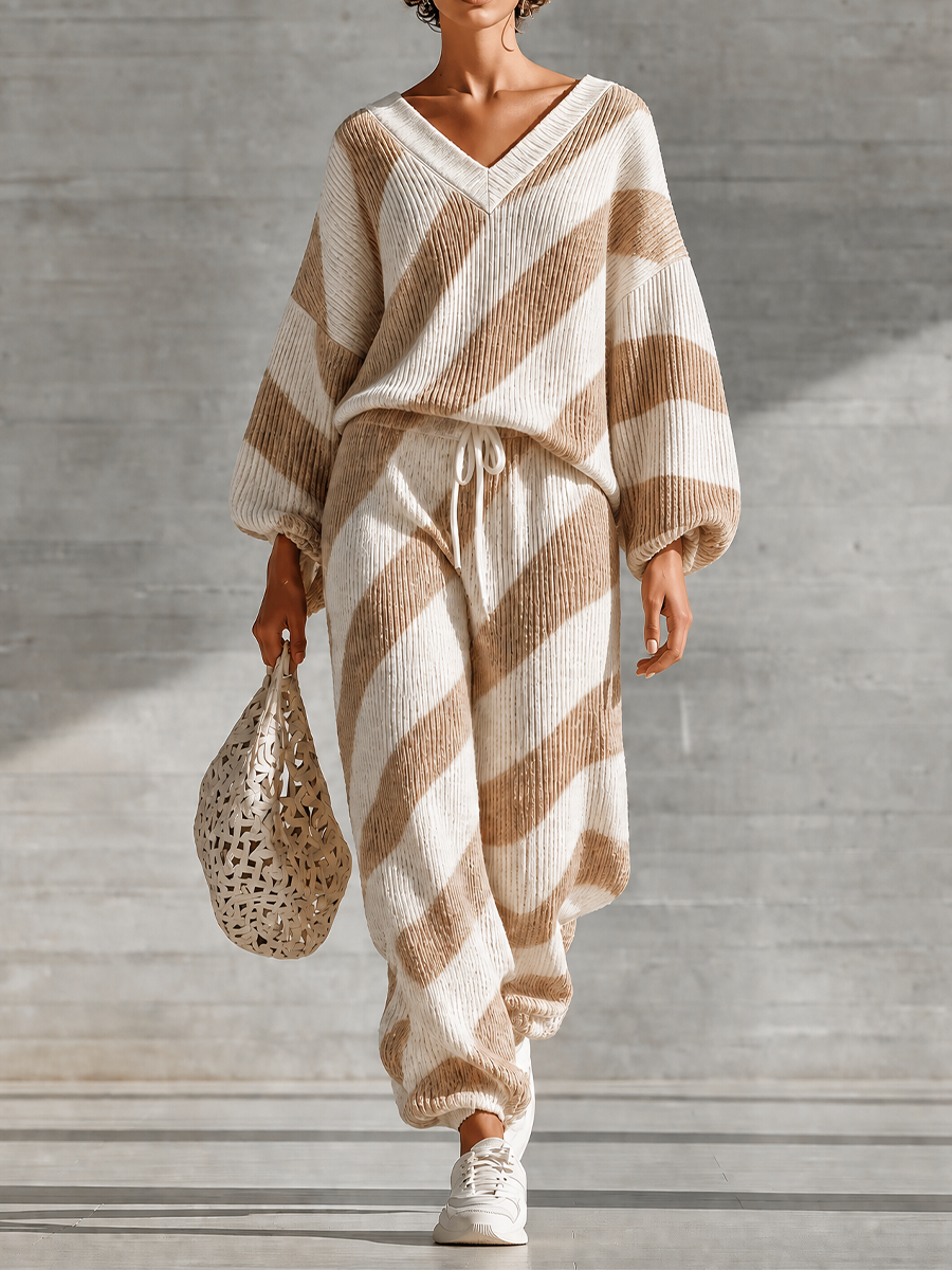 Women's Knit V-Neck Sweater and Pants Loungewear Set