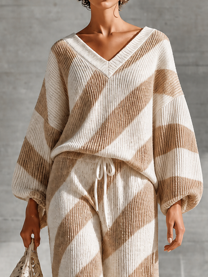 Women's Knit V-Neck Sweater and Pants Loungewear Set
