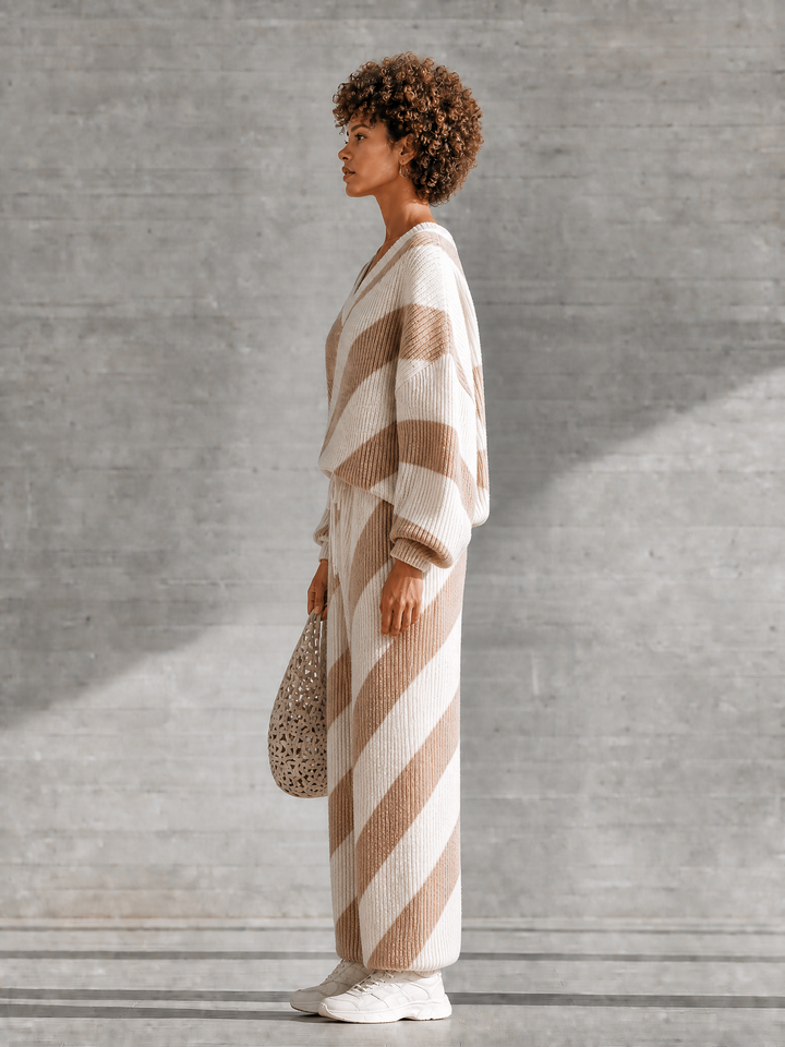 Women's Knit V-Neck Sweater and Pants Loungewear Set