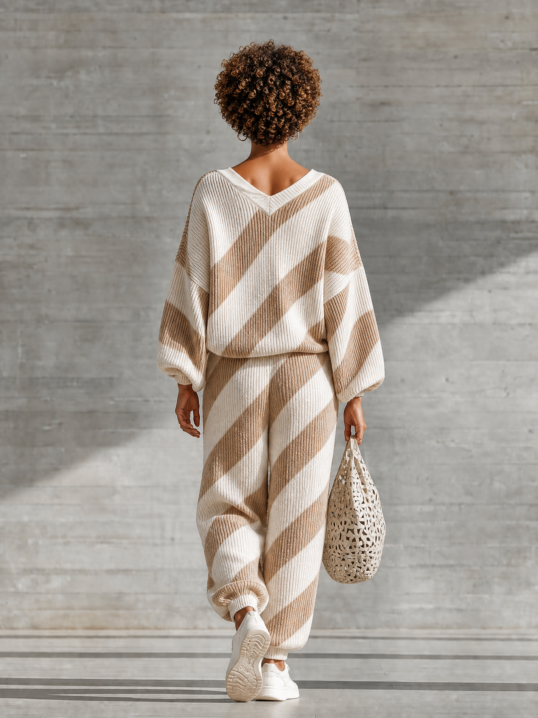Women's Knit V-Neck Sweater and Pants Loungewear Set