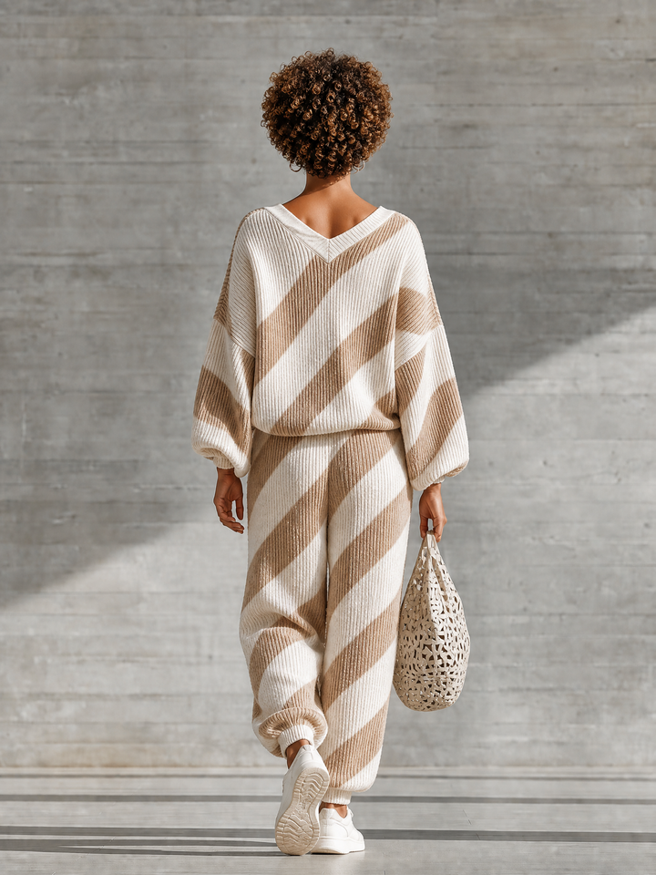 Women's Knit V-Neck Sweater and Pants Loungewear Set