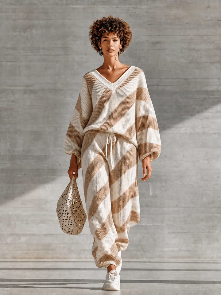 Women's Knit V-Neck Sweater and Pants Loungewear Set