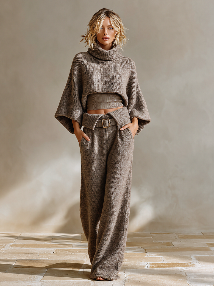Women's Knit Two-Piece Set Cropped Sweater Wide Leg Trousers