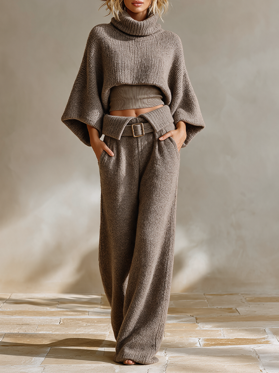 Women's Knit Two-Piece Set Cropped Sweater Wide Leg Trousers