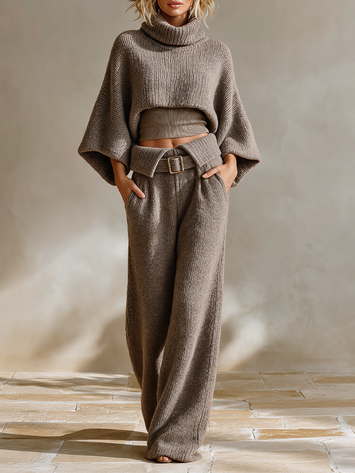 Women's Knit Two-Piece Set Cropped Sweater Wide Leg Trousers