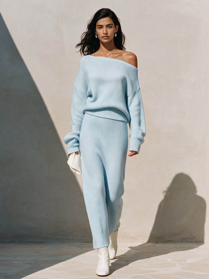 Women's Knit Off-Shoulder Sweater and Midi Skirt Set
