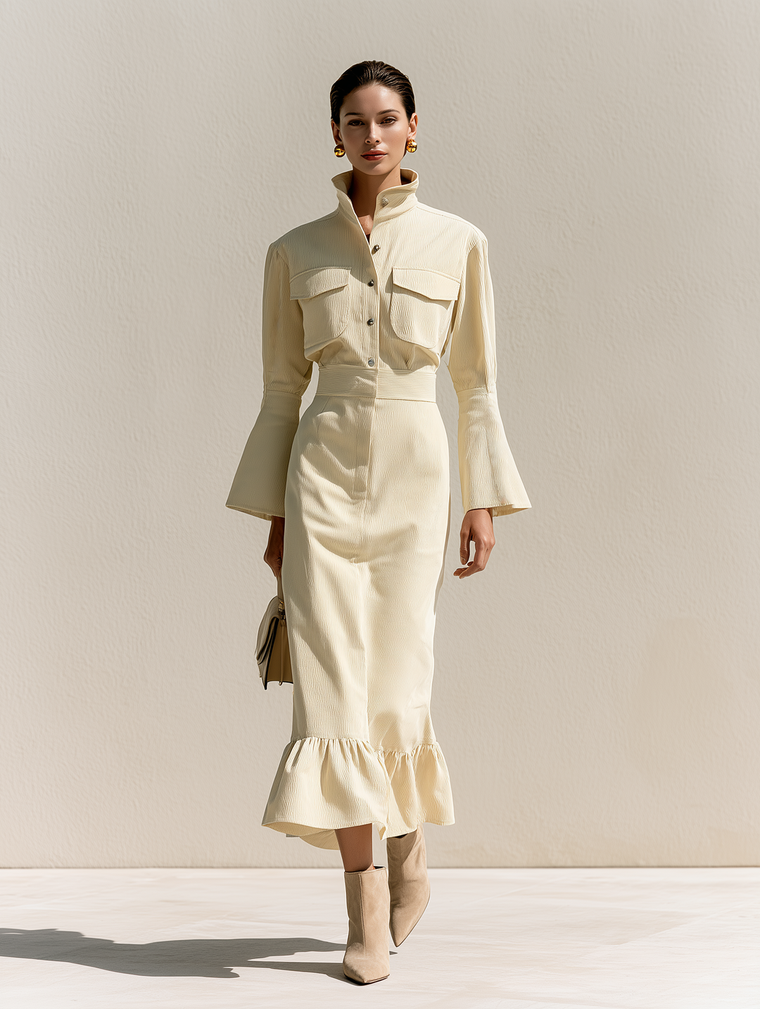 Robe midi évasée en maille mélangée pour femme à manches longues et coupe trapèze