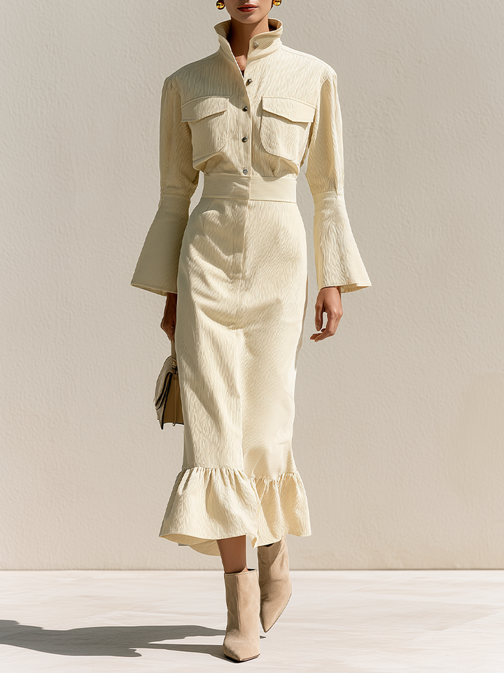 Robe midi évasée en maille mélangée pour femme à manches longues et coupe trapèze