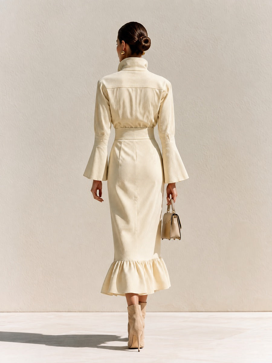 Robe midi évasée en maille mélangée pour femme à manches longues et coupe trapèze