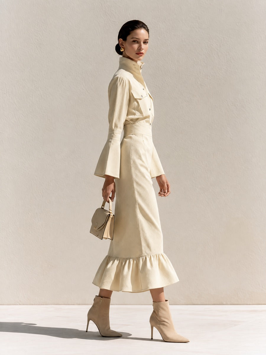 Robe midi évasée en maille mélangée pour femme à manches longues et coupe trapèze