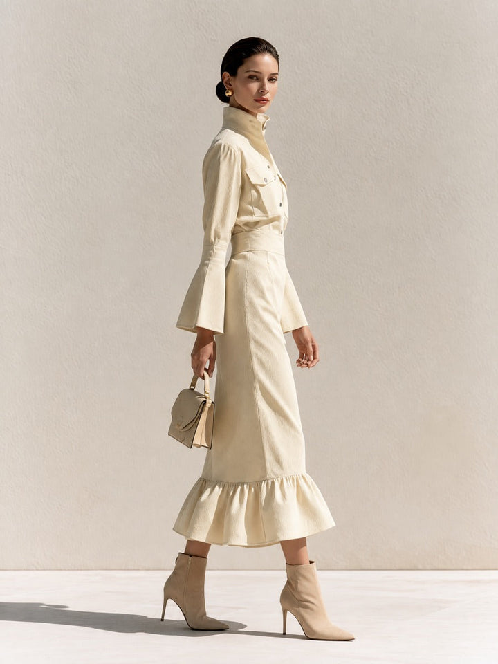 Robe midi évasée en maille mélangée pour femme à manches longues et coupe trapèze