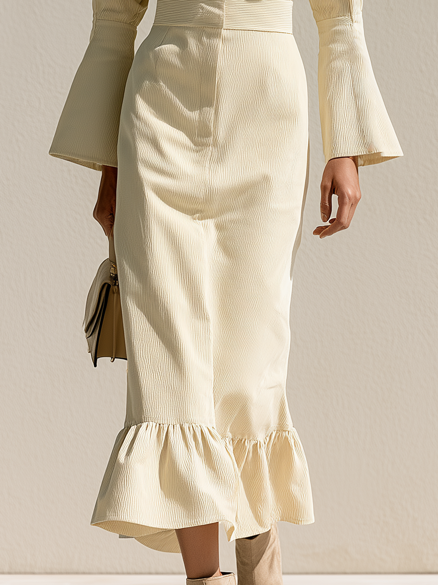 Robe midi évasée en maille mélangée pour femme à manches longues et coupe trapèze