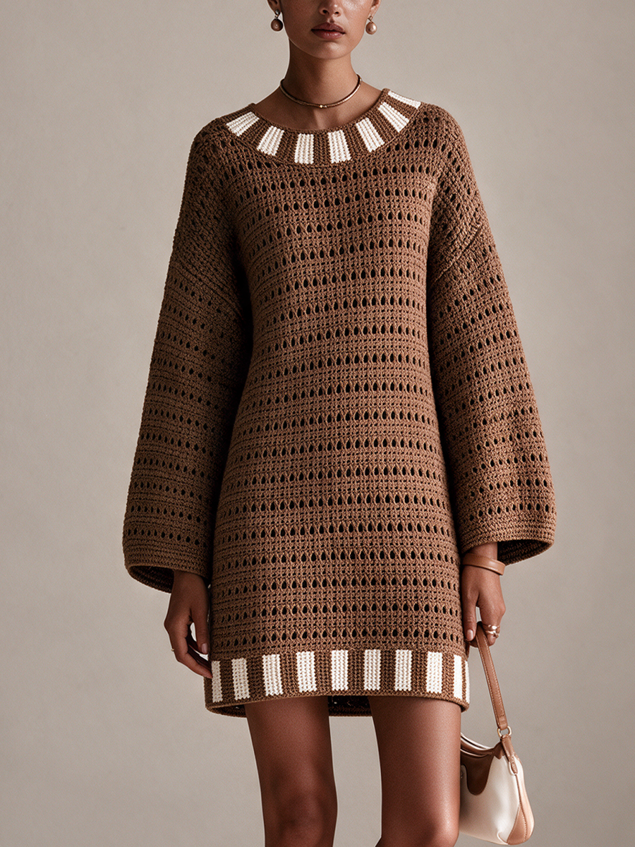 Women's Crochet Knit Long Sleeve Sweater Mini Dress