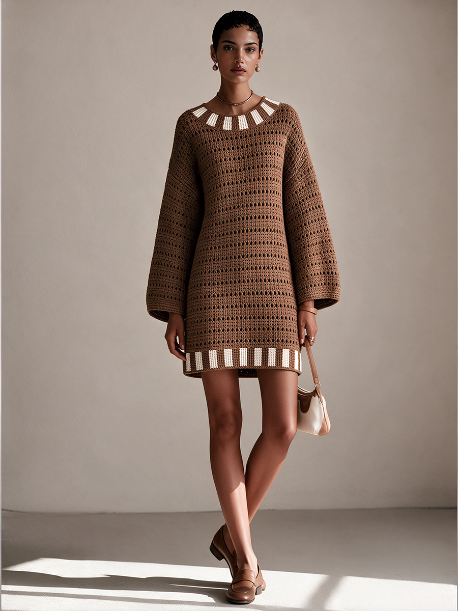 Women's Crochet Knit Long Sleeve Sweater Mini Dress