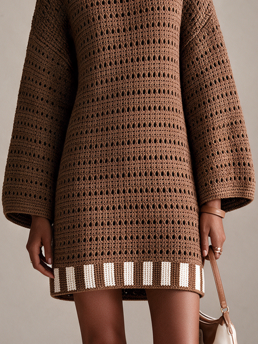 Women's Crochet Knit Long Sleeve Sweater Mini Dress