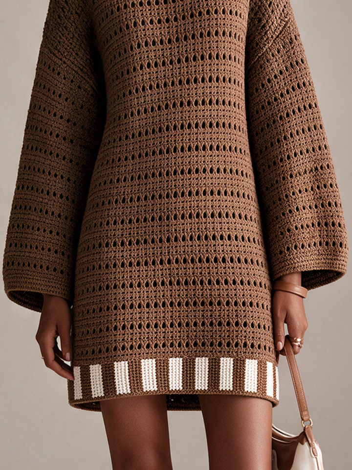 Women's Crochet Knit Long Sleeve Sweater Mini Dress