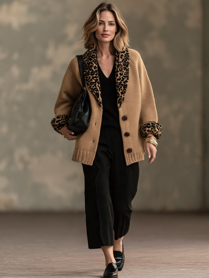 Women's Merino Wool Knit Cardigan Leopard Print Jacket