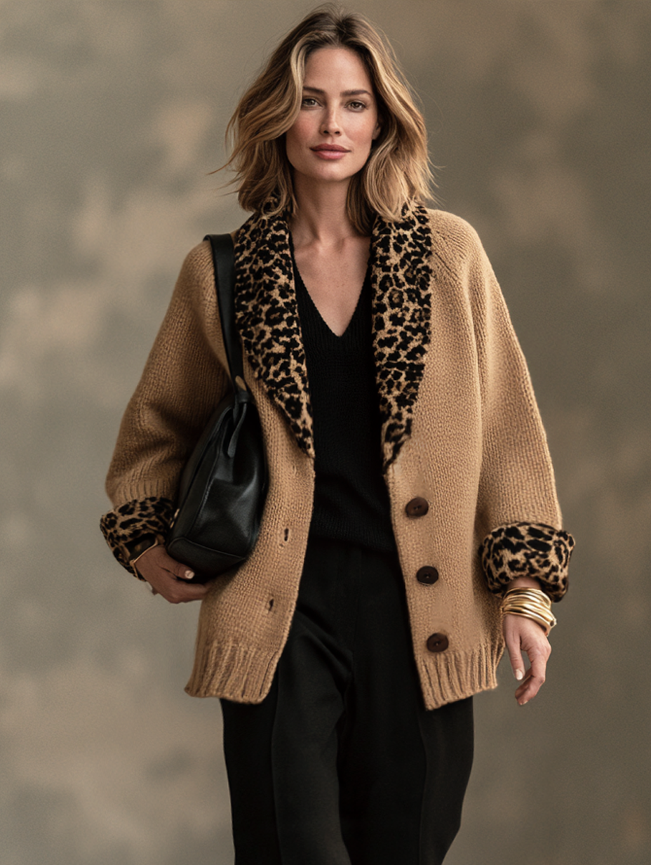 Women's Merino Wool Knit Cardigan Leopard Print Jacket