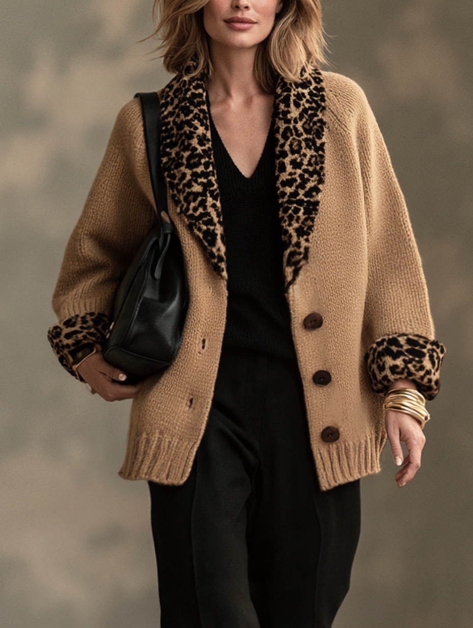 Women's Merino Wool Knit Cardigan Leopard Print Jacket