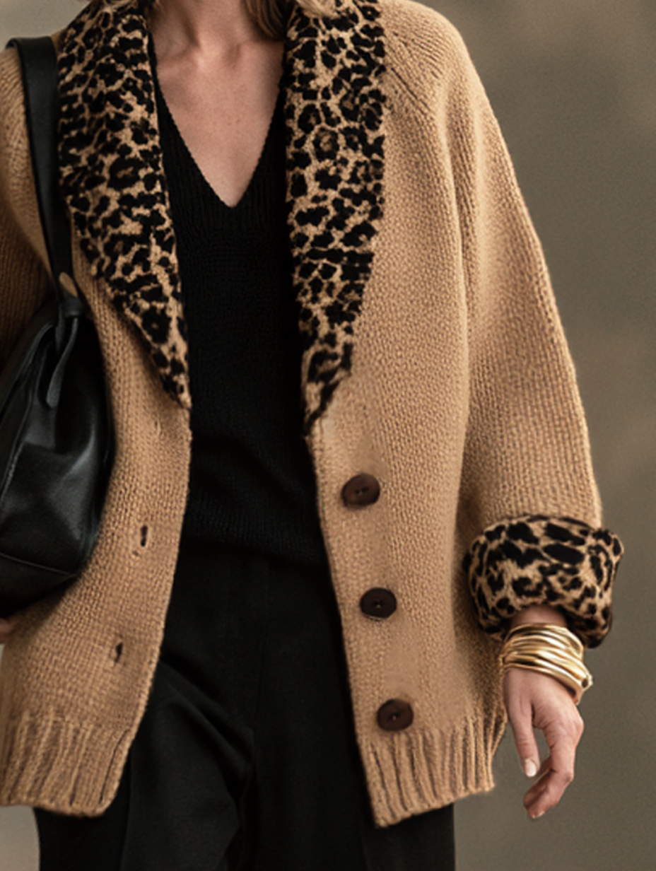 Women's Merino Wool Knit Cardigan Leopard Print Jacket