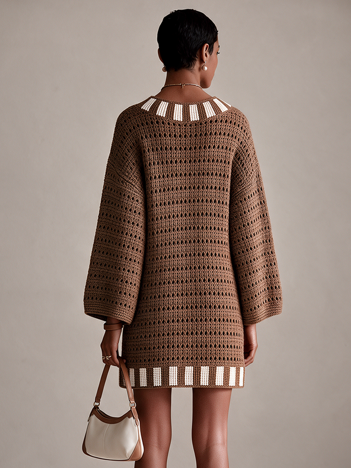 Women's Crochet Knit Long Sleeve Sweater Mini Dress