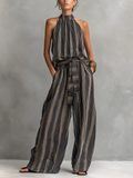 Combinaison-pantalon dos nu en maille rayée pour femme, à jambes larges