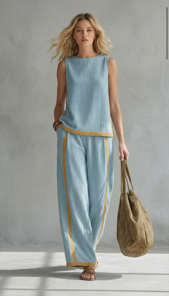 Women's Linen Blend Sleeveless Top and Wide-Leg Trouser Set