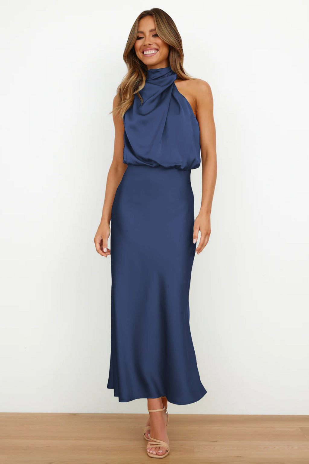 Women's Silk Satin High Neck Halter Midi Dress