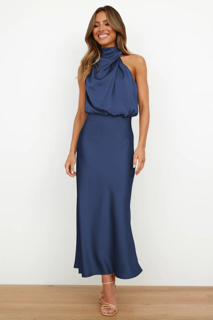 Women's Silk Satin High Neck Halter Midi Dress