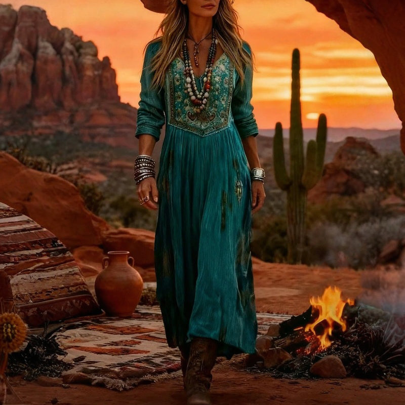 Women's Linen Boho V-Neck Long Sleeve Flowy A-Line Maxi Dress