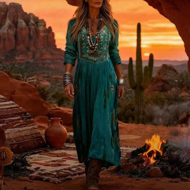Women's Linen Boho V-Neck Long Sleeve Flowy A-Line Maxi Dress