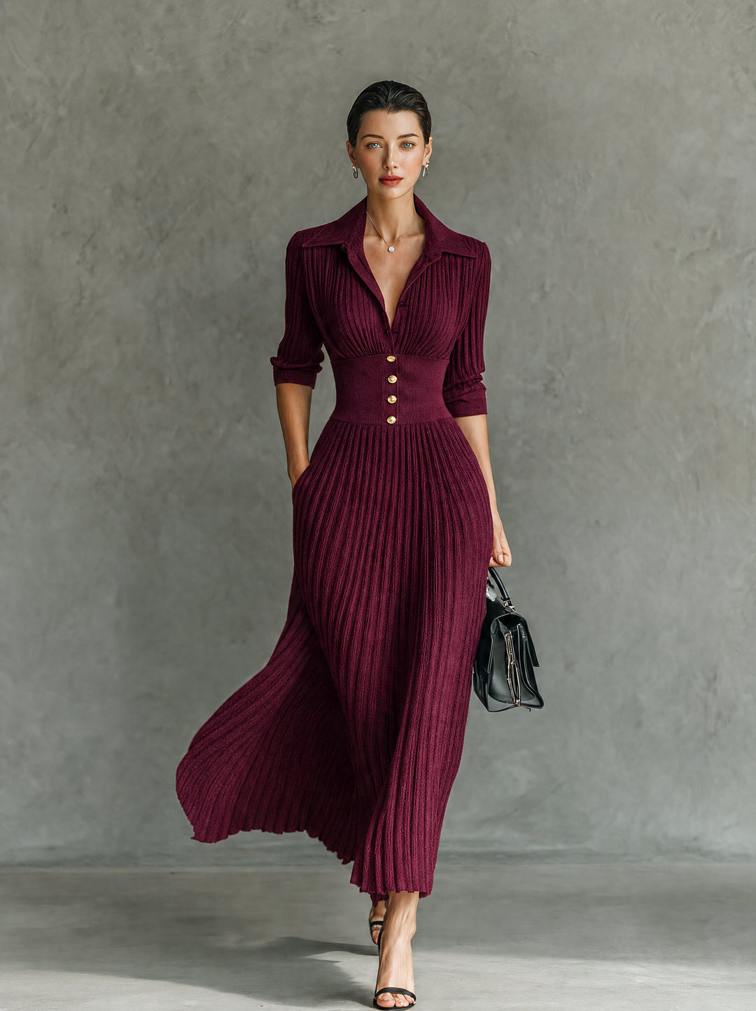 Women's Silk Elegant Office Midi A-Line Shirt Dress