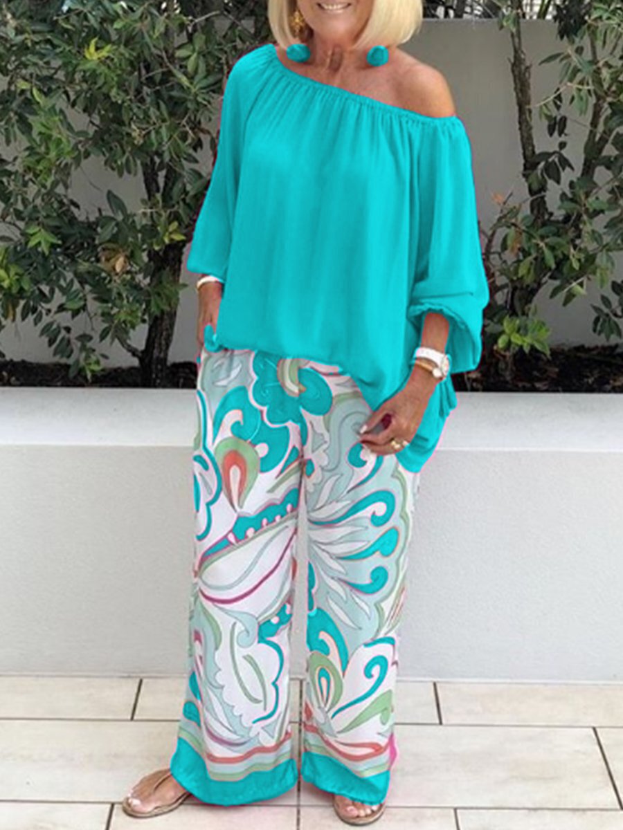 Women's Co-ord Set Linen Off Shoulder Top and Wide Leg Pants