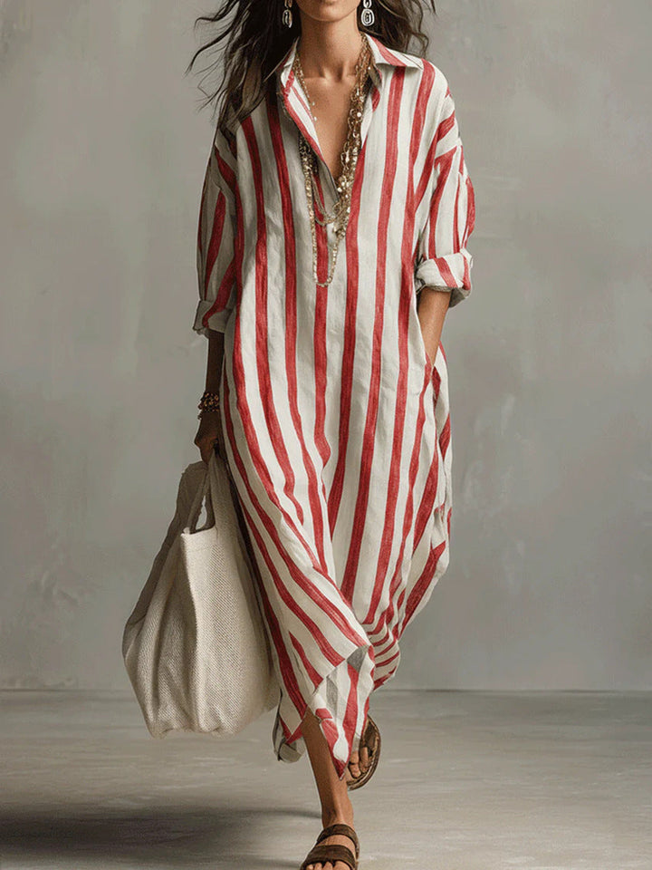 Women's Linen Striped Maxi Shirt Dress Casual Loose Fit Tunic