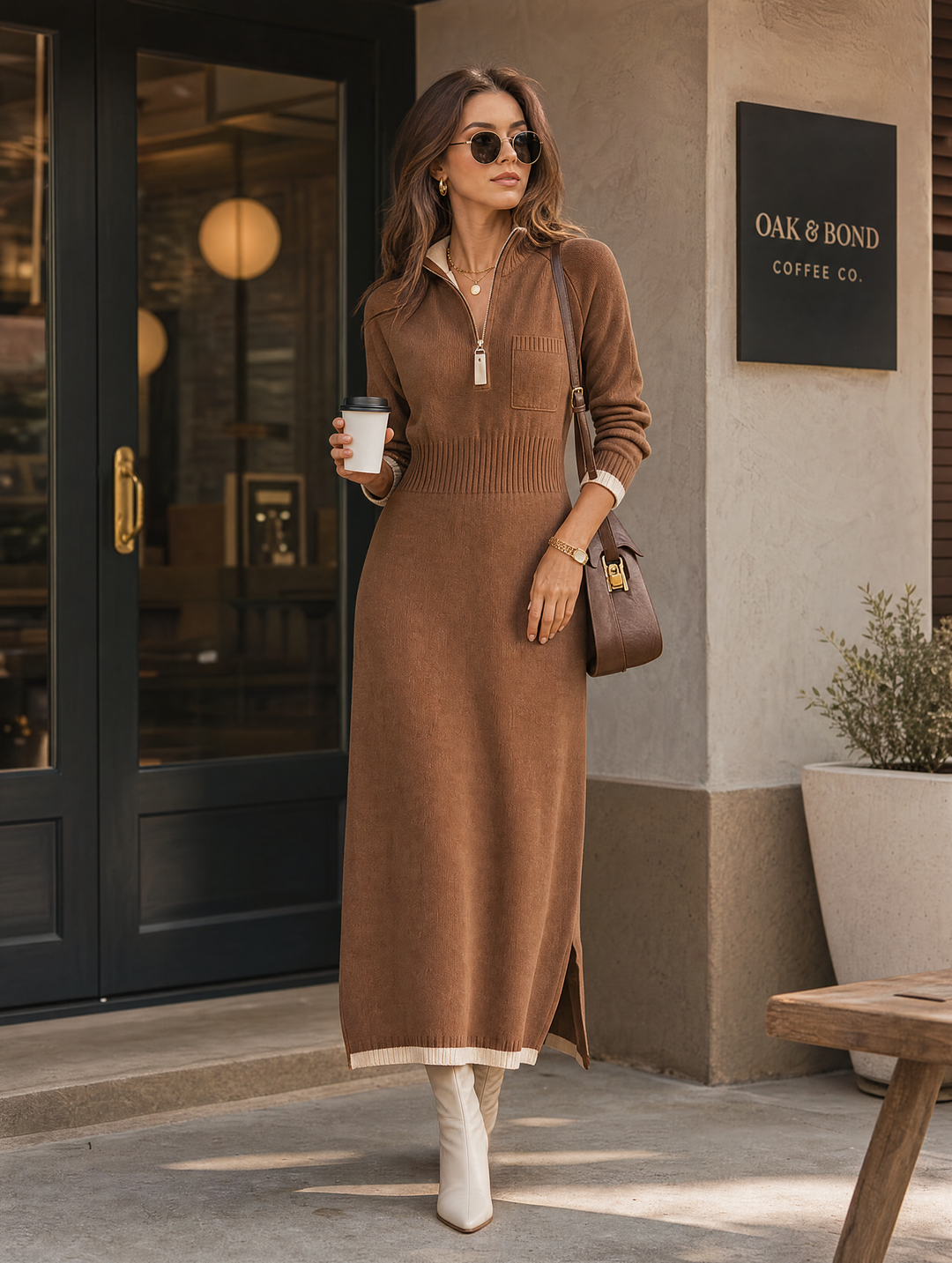 Women's Knit Quarter Zip Maxi Dress
