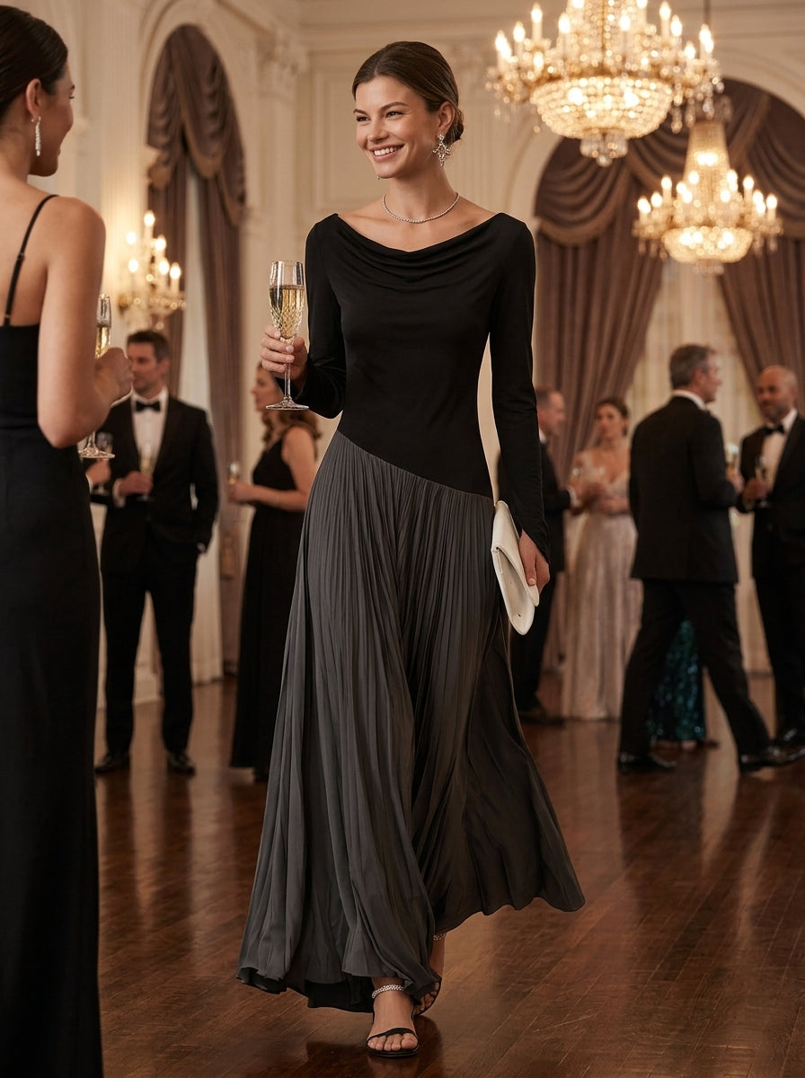 Women's Knit Blend Long Sleeve Pleated Maxi Dress