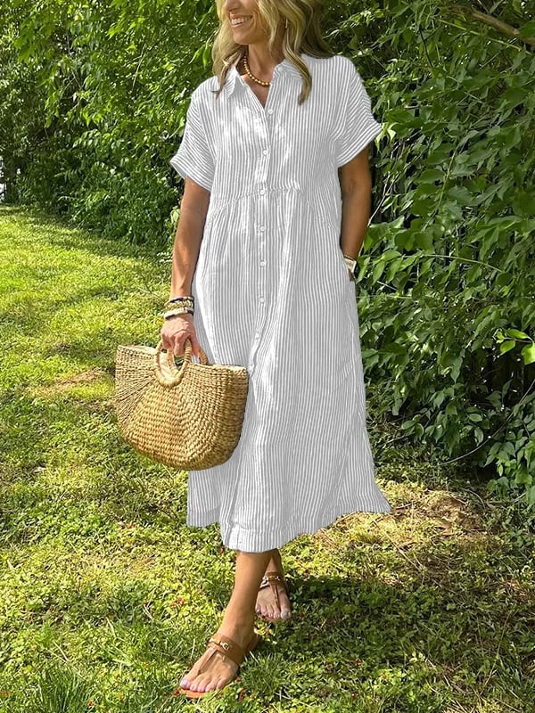 Linen Maxi Dress Women's Short Sleeve V-Neck Loose Fit Casual Shirt Dress