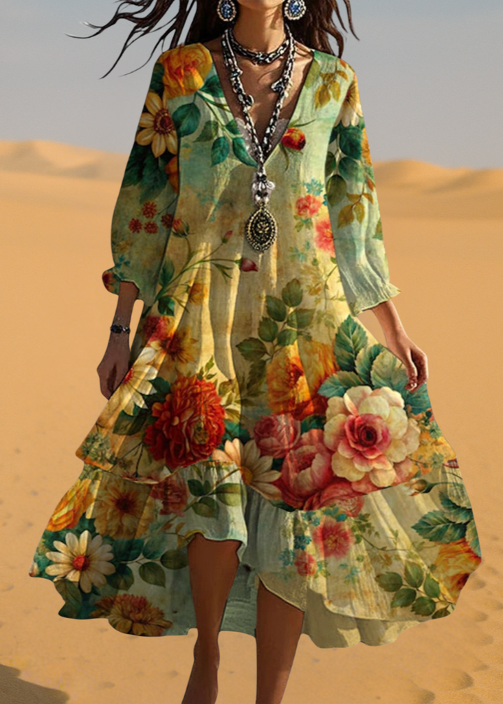 Women's Boho Floral V-Neck Linen Blend Long Sleeve Midi Dress