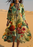 Women's Boho Floral V-Neck Linen Blend Long Sleeve Midi Dress
