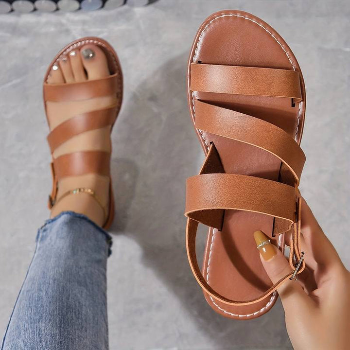Women's Summer Vegan Leather Triple Strap Flat Sandals