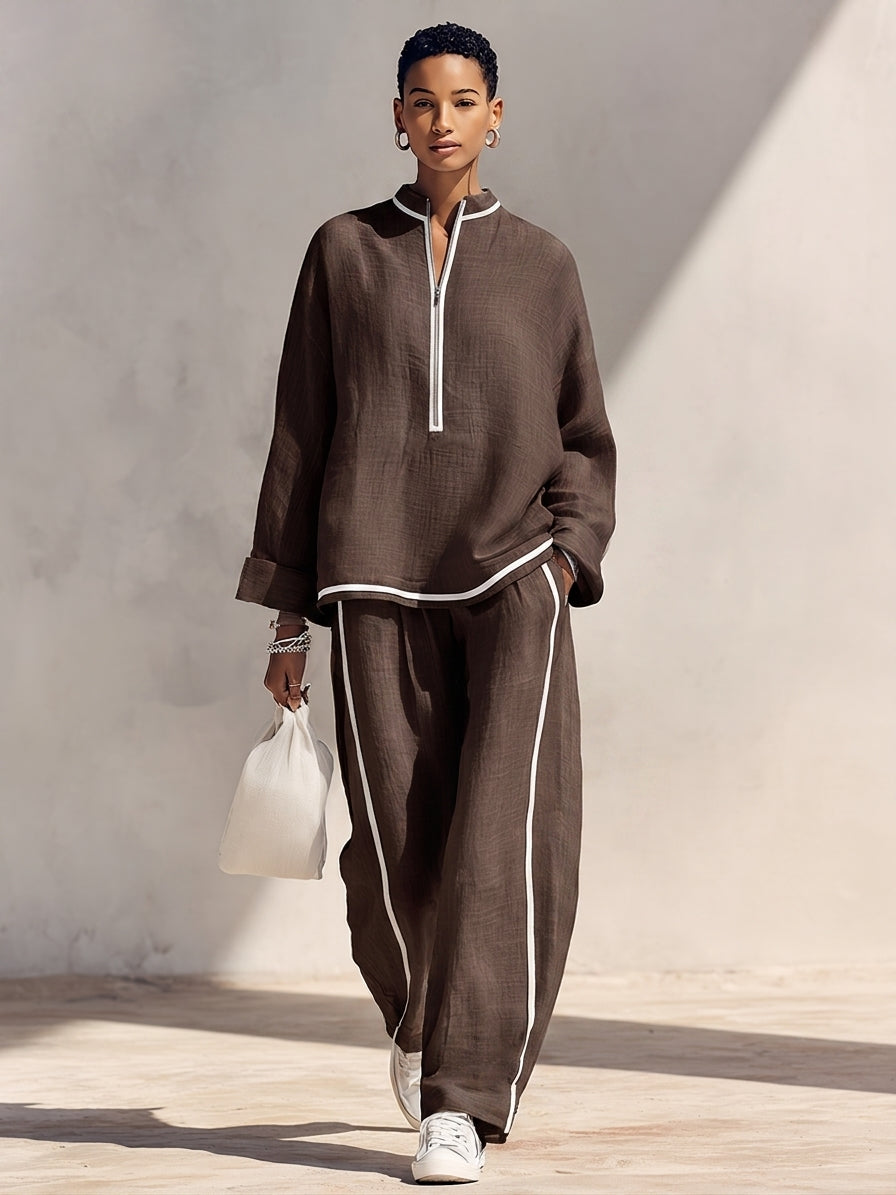 Women Linen Two Piece Set Long Sleeve Top and Wide Leg Trousers